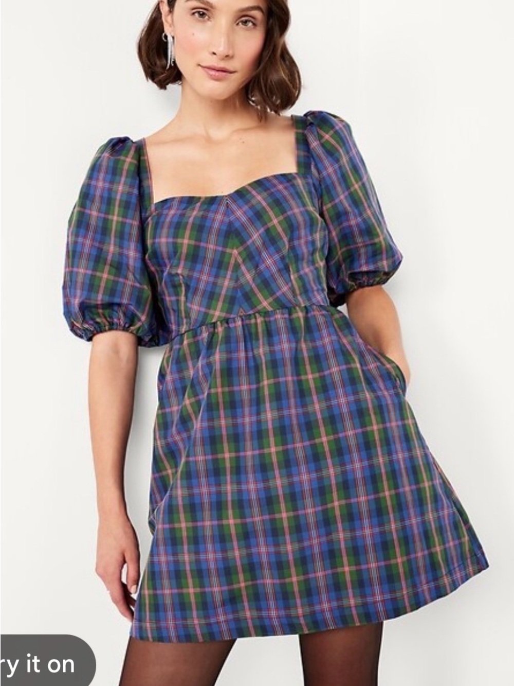 Old Navy Blue & Green Plaid Puff-Sleeve Mini Dress